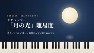 夜空に浮かぶ月とピアノの鍵盤に「ドビュッシー『月の光』難易度」の文字を重ねたアイキャッチ画像