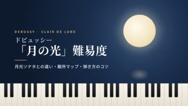 夜空に浮かぶ月とピアノの鍵盤に「ドビュッシー『月の光』難易度」の文字を重ねたアイキャッチ画像