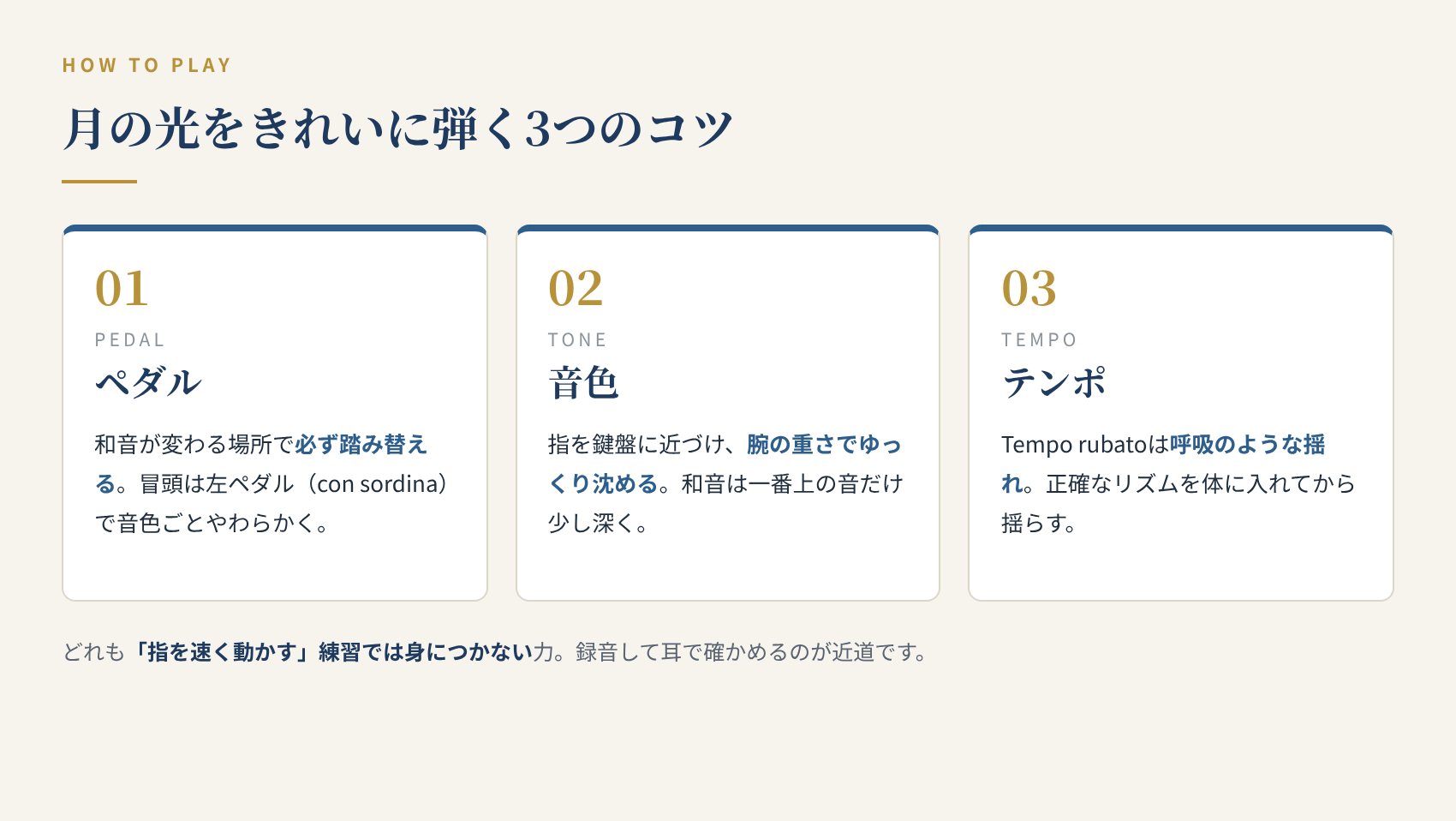 月の光をきれいに弾く3つのコツ。ペダルの踏み替え、腕の重さでつくる音色、呼吸のようなテンポの揺らし
