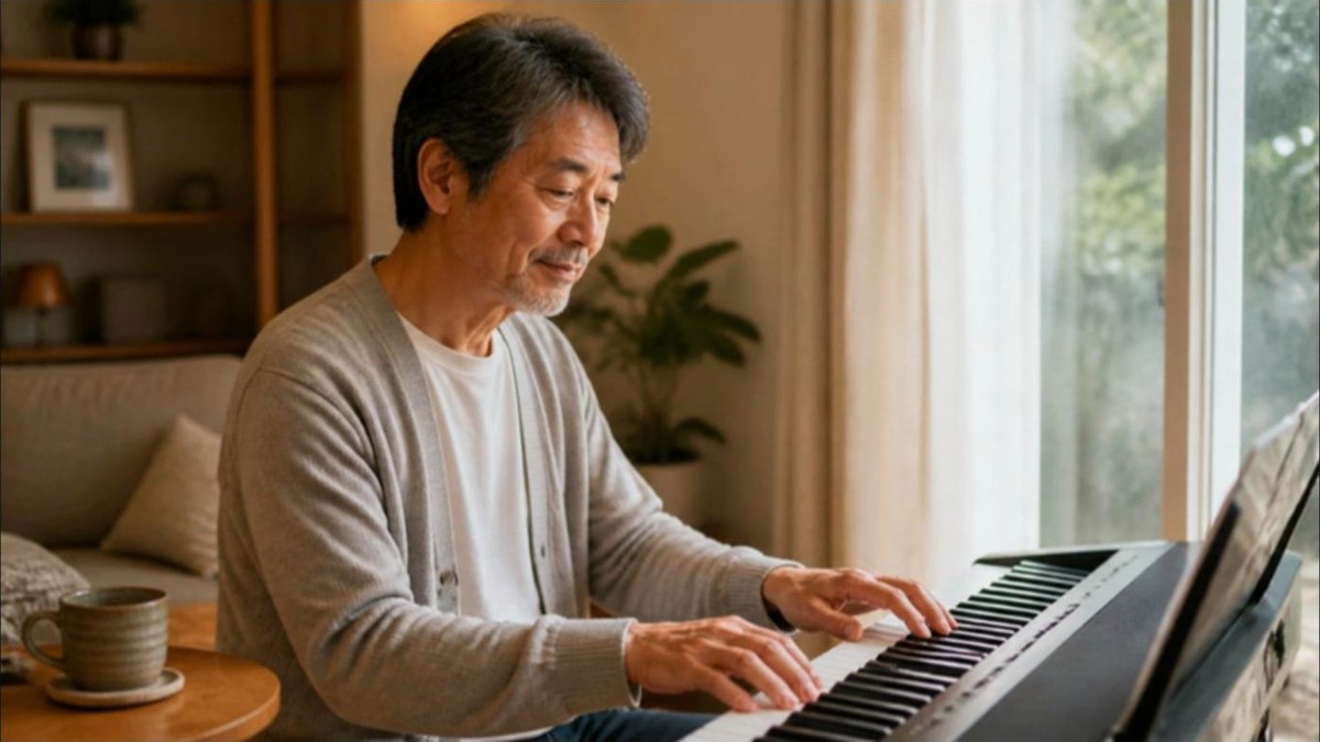 平日の午前中に自宅の窓辺で電子ピアノを弾く60代の男性
