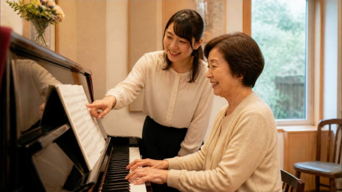 ピアノ教室でマンツーマンレッスンを受けるシニア女性と講師