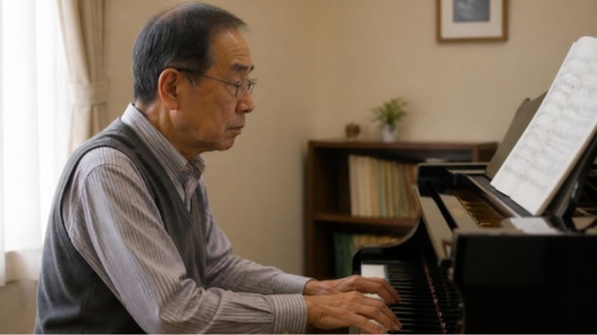 高齢者がピアノを弾きながら楽譜を読んでいる横顔