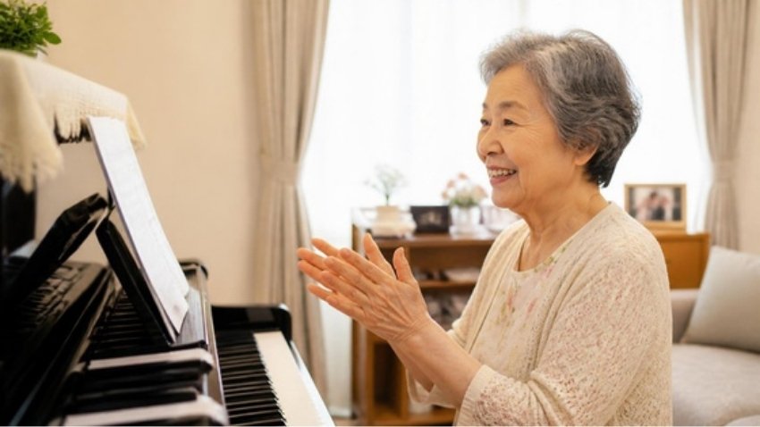 手拍子でリズムを取りながら楽譜を読むシニアの生徒