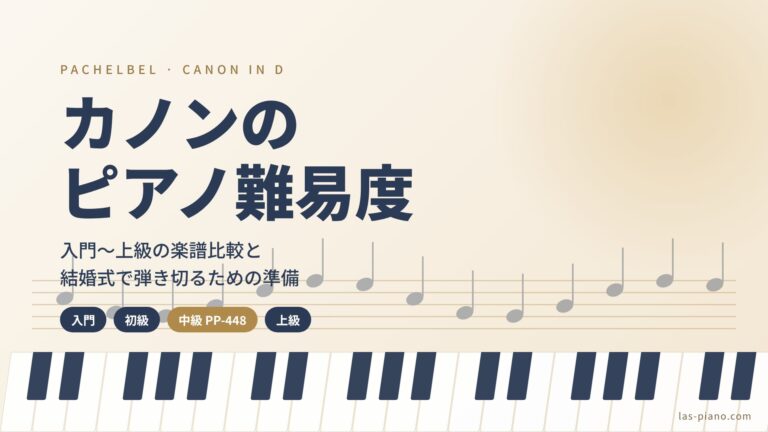 パッヘルベルのカノンをピアノで弾く難易度を解説する記事のアイキャッチ画像。鍵盤と五線譜のイラストに「カノンのピアノ難易度」の文字