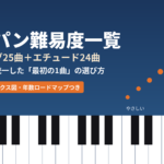 ショパン難易度一覧とランキング25曲・エチュード24曲を示すピアノ鍵盤のアイキャッチ画像