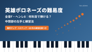 ショパン「英雄ポロネーズ」の難易度（全音F・ヘンレ8）と何年目で弾けるか、中間部の左手と練習法を示したアイキャッチ画像